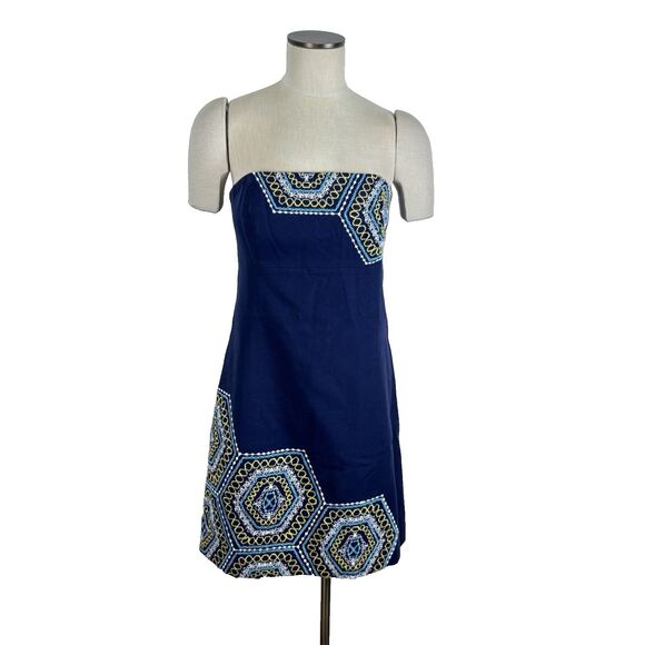 Lilly Pulitzer Bowen Geometric Embroidered Strapless Navy Dress Size 8 Cotton - Picture 2 of 10